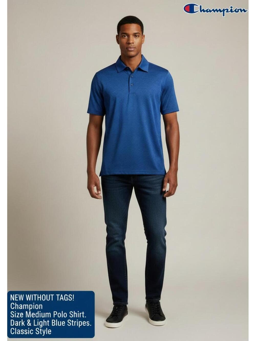 Champion Medium Dark & Light Blue Striped Polo Shirt